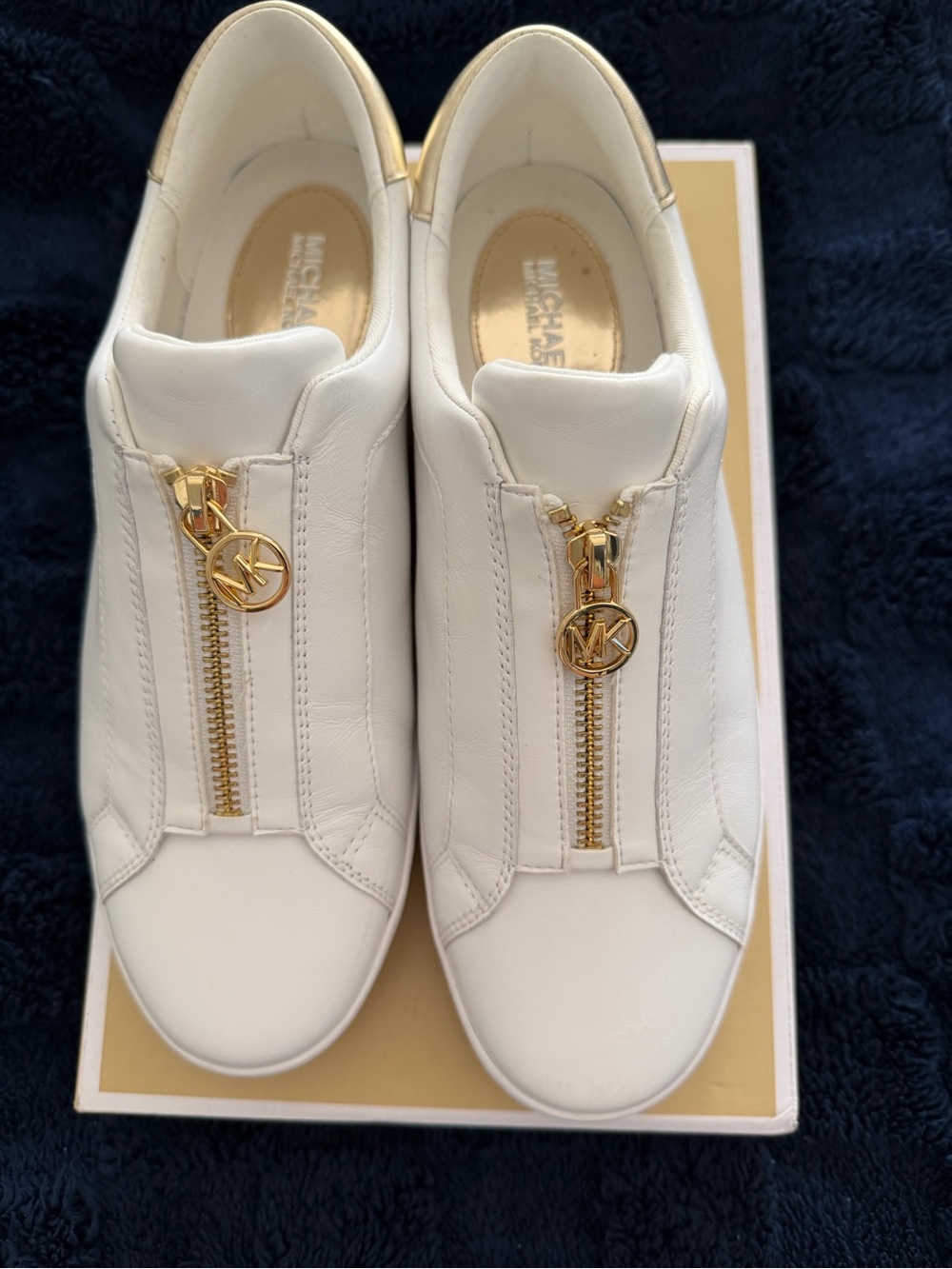 Michael Kors White Leather Slip-On Sneakers with Gold MK Zipper